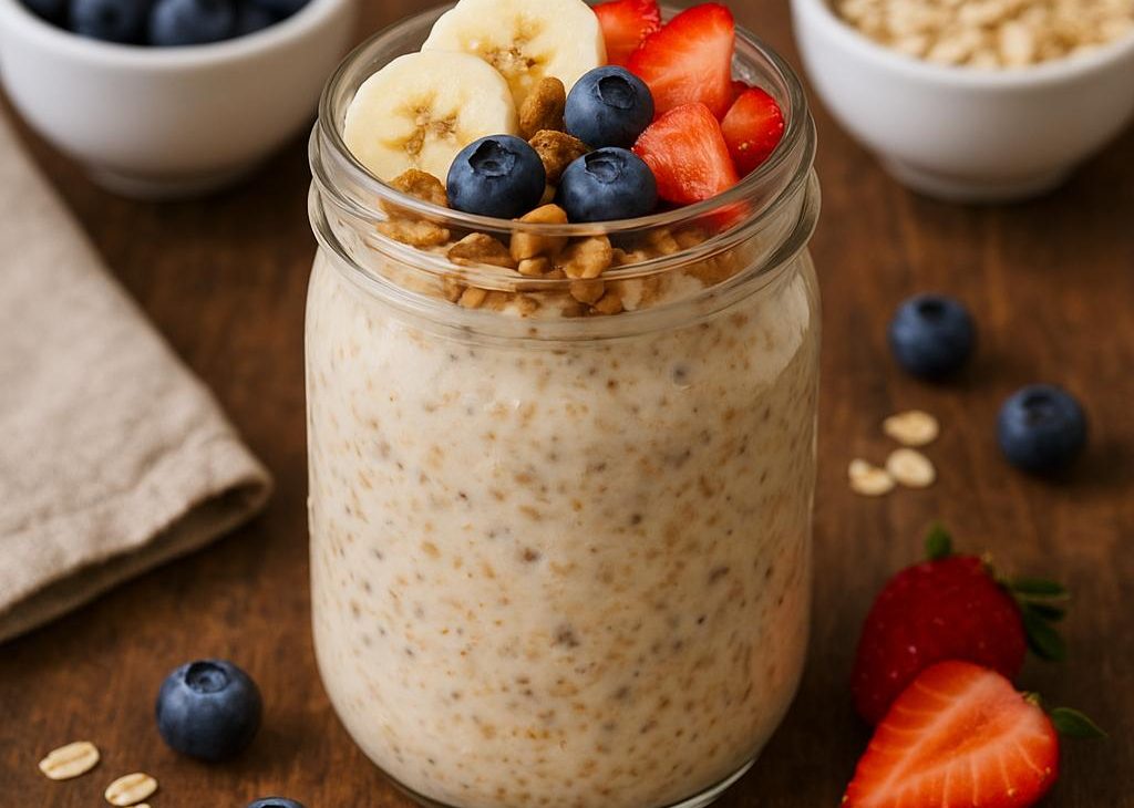 "Healthy overnight oats in a mason jar topped with berries, chia seeds, and nuts for weight loss and healthy breakfast meal prep."