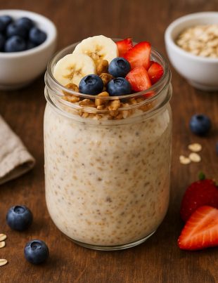 "Healthy overnight oats in a mason jar topped with berries, chia seeds, and nuts for weight loss and healthy breakfast meal prep."