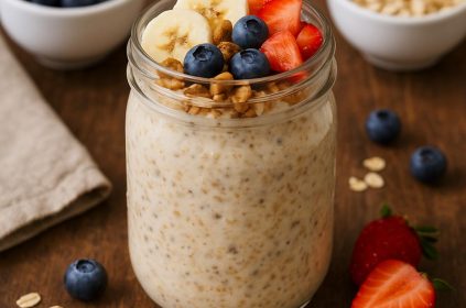 "Healthy overnight oats in a mason jar topped with berries, chia seeds, and nuts for weight loss and healthy breakfast meal prep."
