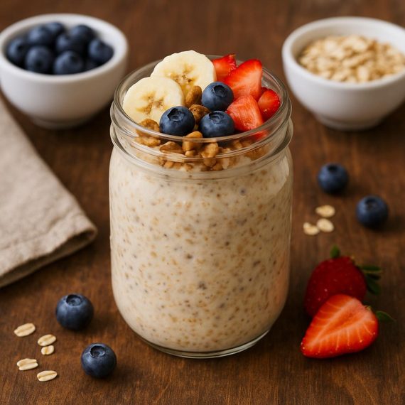 "Healthy overnight oats in a mason jar topped with berries, chia seeds, and nuts for weight loss and healthy breakfast meal prep."
