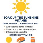 Person enjoying sunlight with vitamin D-rich foods including salmon, eggs, and dairy products to support healthy vitamin D levels.