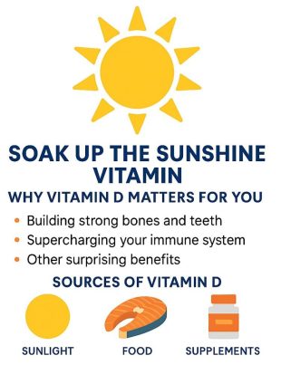 Person enjoying sunlight with vitamin D-rich foods including salmon, eggs, and dairy products to support healthy vitamin D levels.