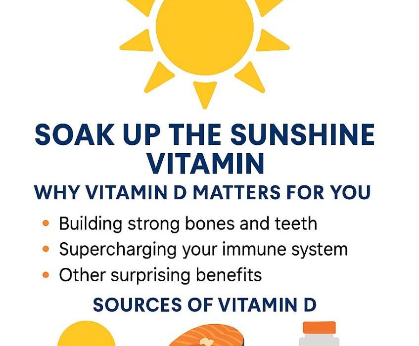 Person enjoying sunlight with vitamin D-rich foods including salmon, eggs, and dairy products to support healthy vitamin D levels.