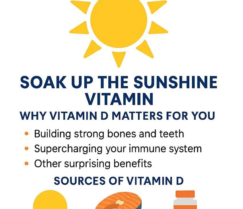 Person enjoying sunlight with vitamin D-rich foods including salmon, eggs, and dairy products to support healthy vitamin D levels.