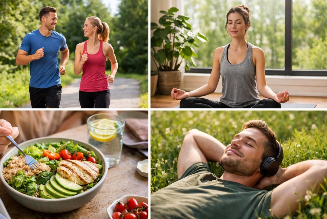 "Person practicing meditation and healthy lifestyle habits to reduce stress and anxiety naturally."